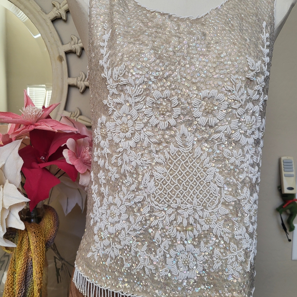 Vintage Champagne Beaded Floral Camisole